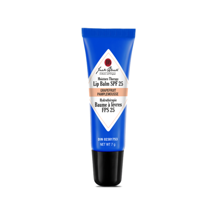 Lip balm tube with blue and black design on a white background