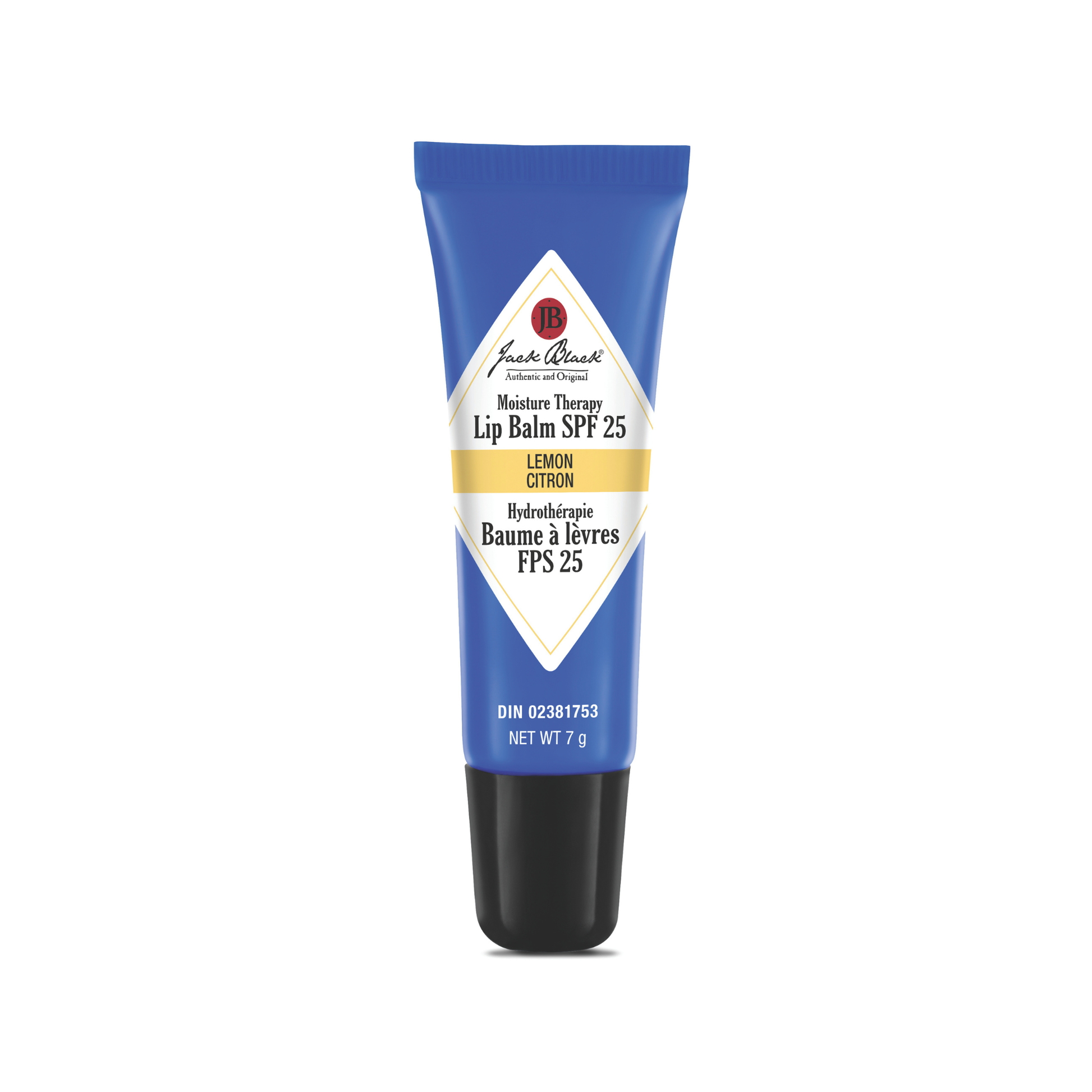 Lip balm tube with blue and white label on a white background