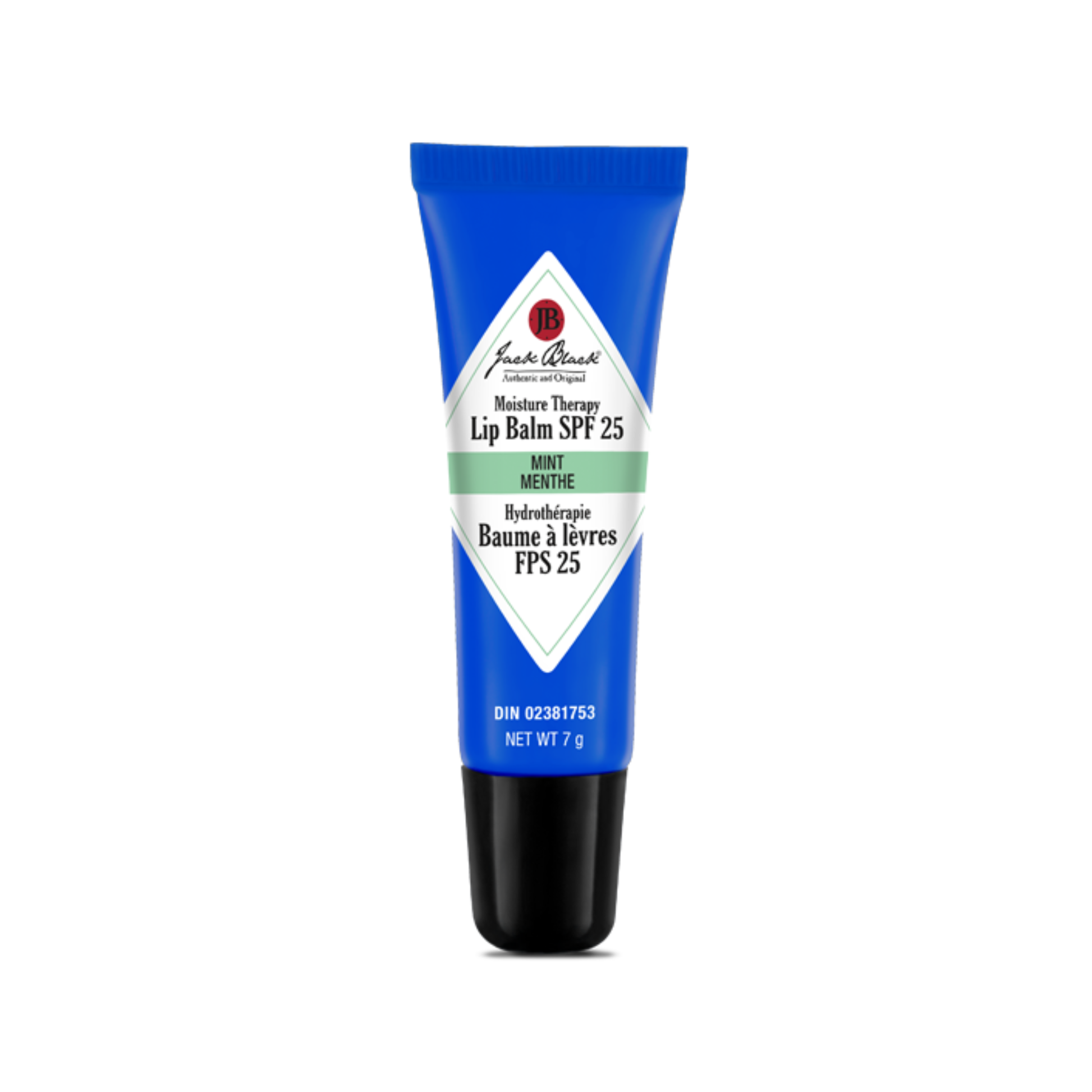 Tube de baume à lèvres avec une étiquette bleue et blanche sur fond blanc Jack Black