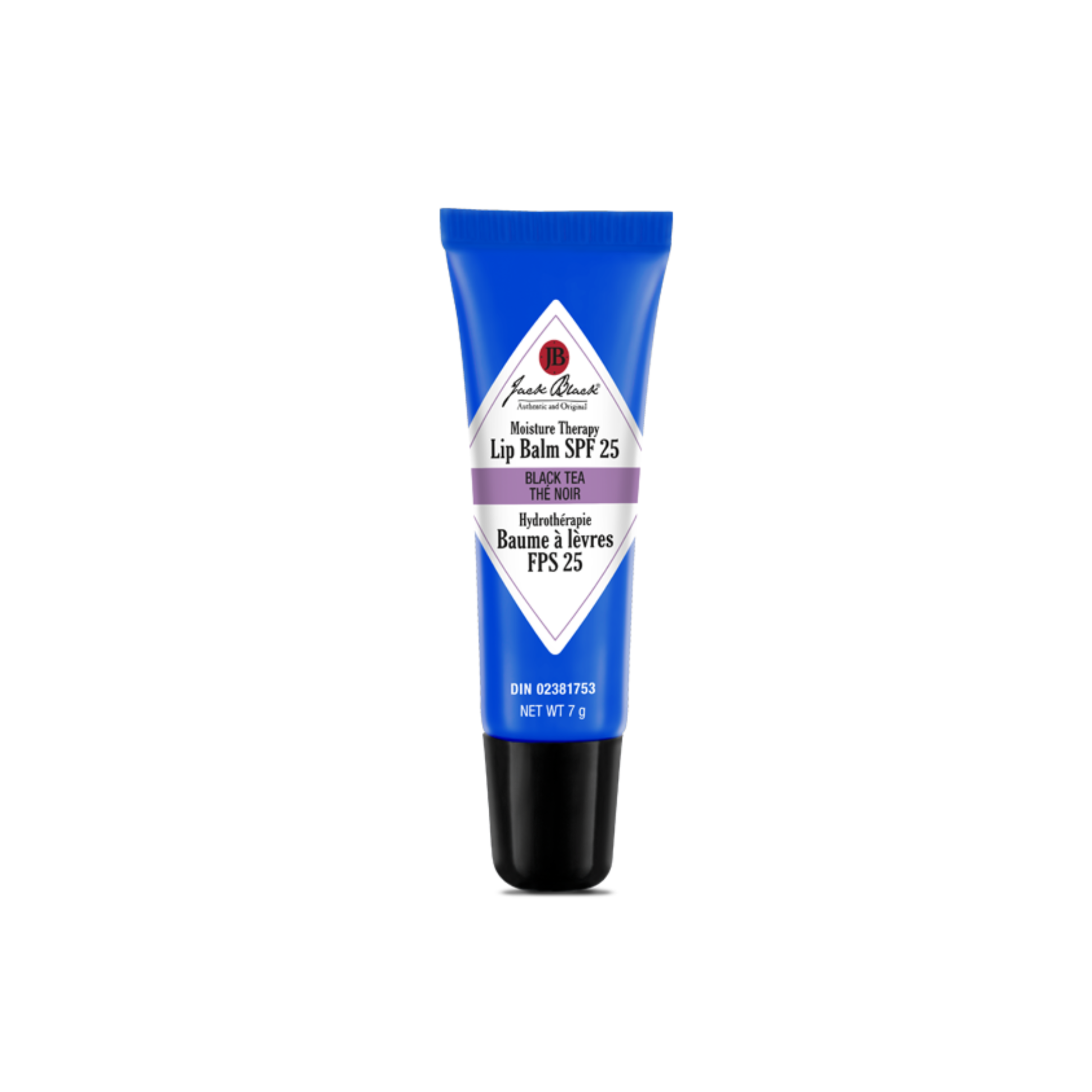 Blue lip balm tube with brand logo on a white background