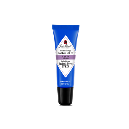 Blue lip balm tube with brand logo on a white background