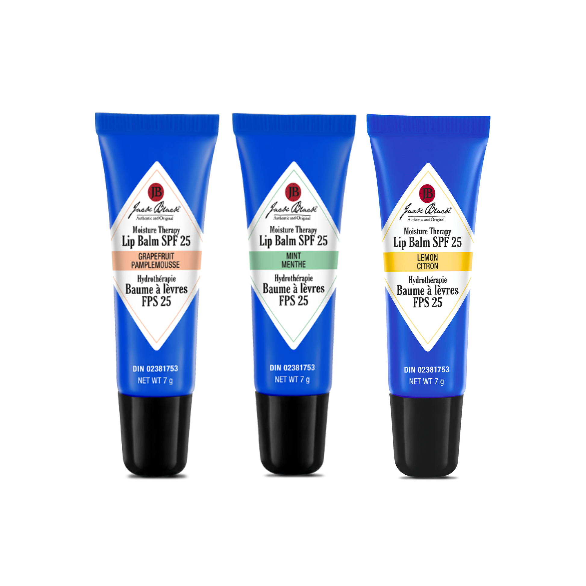 Three tubes of Jack Black lip balm on a white background